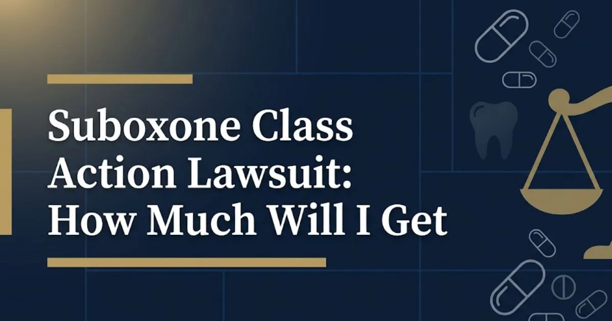 Suboxone class action lawsuit how much will i get 2026 settlement guide banner with legal symbols