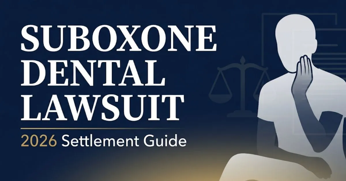 Suboxone dental lawsuit 2026 settlement guide banner with legal symbols and silhouette on navy background