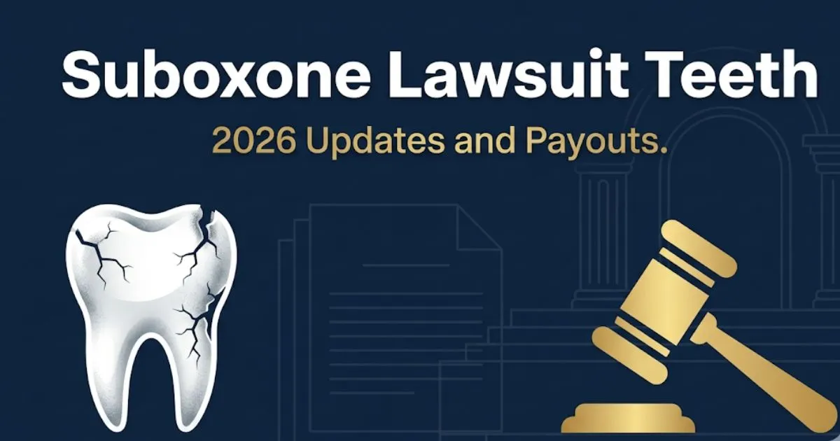Suboxone lawsuit teeth 2026 updates banner with tooth icon and legal gavel imagery