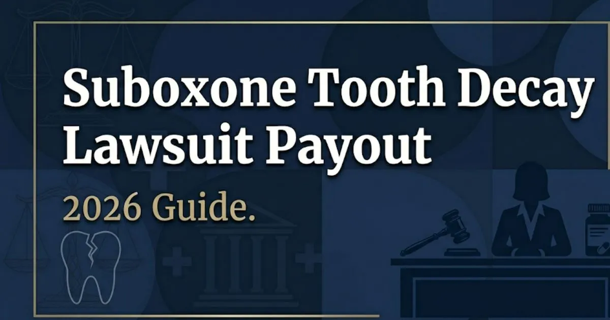 Suboxone tooth decay lawsuit payout 2026 guide banner with legal icons and tooth illustration on navy background