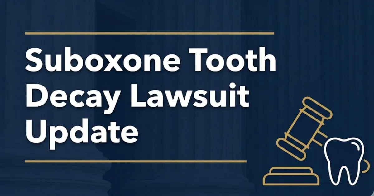 Suboxone tooth decay lawsuit update 2026 banner with gavel and tooth icon on navy background