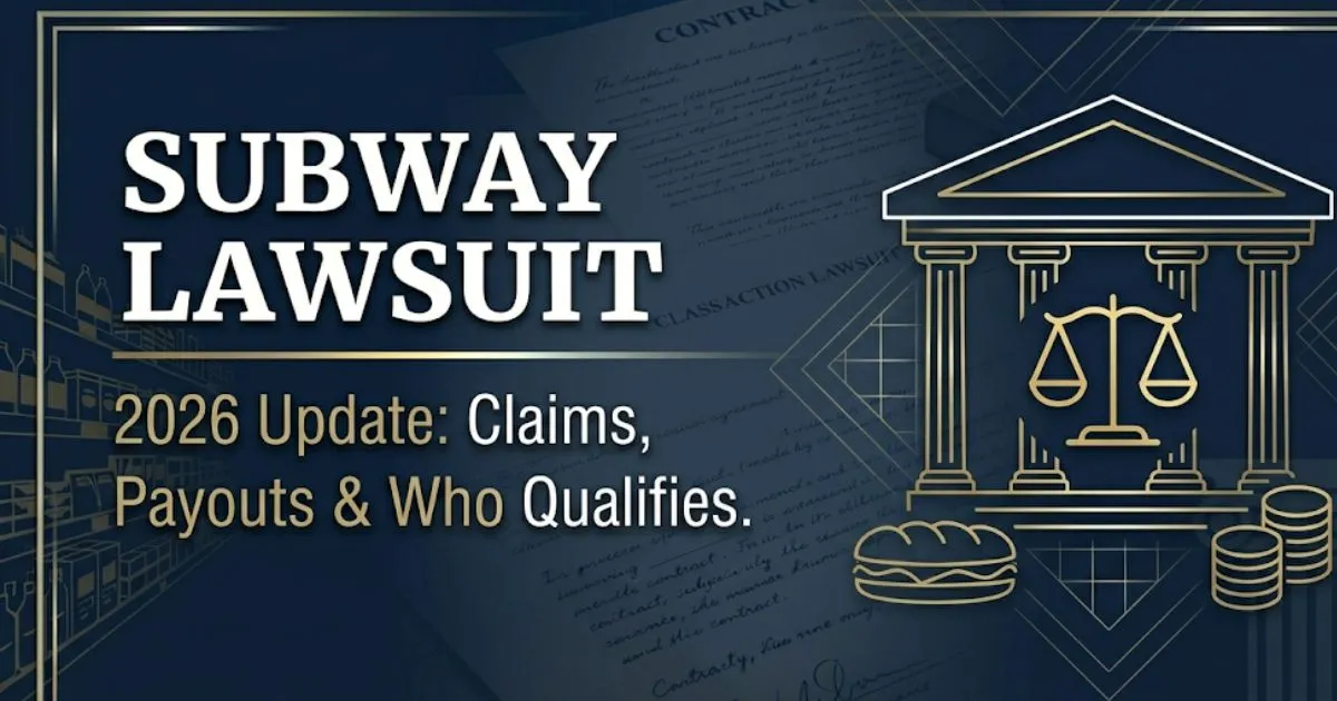 Subway lawsuit 2026 banner showing courthouse silhouette, legal scales, and bold title text on navy background