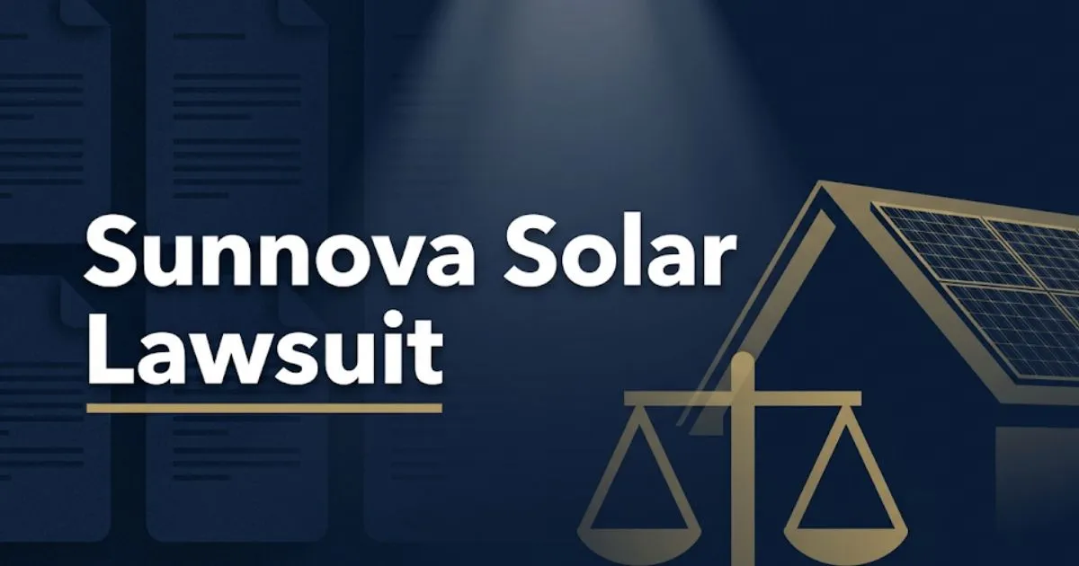 Sunnova solar lawsuit 2026 legal update banner with house silhouette and scales of justice on navy background