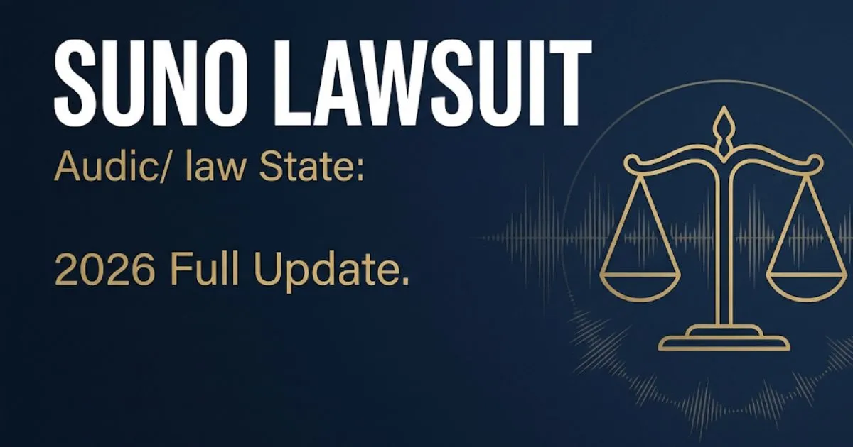 Suno lawsuit 2026 editorial banner showing legal scale and audio waveform icons with bold headline text on navy background