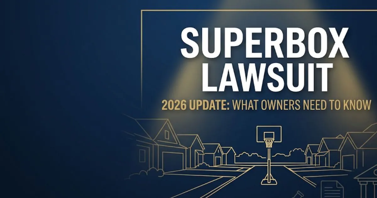 SuperBox lawsuit 2026 legal banner showing gavel and scales of justice icons on deep navy background