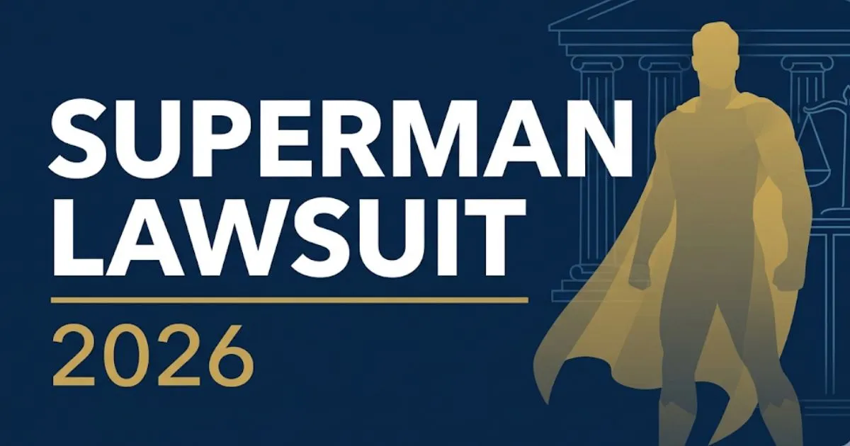 Superman lawsuit 2026 legal battle blog banner with navy background, gold text, and caped silhouette icon