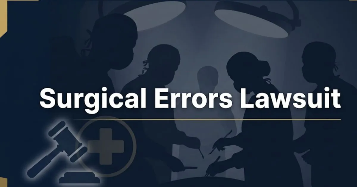 Surgical errors lawsuit 2026 guide banner with legal and medical symbols on navy background
