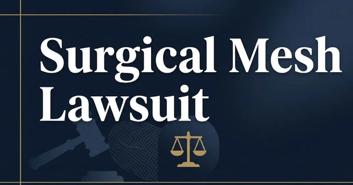 Surgical mesh lawsuit 2026 banner with legal icons and bold headline text