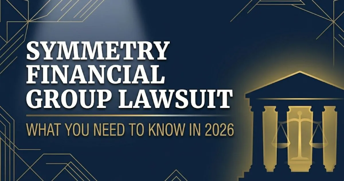 Symmetry Financial Group Lawsuit blog banner with courthouse silhouette and legal scale icons on navy background