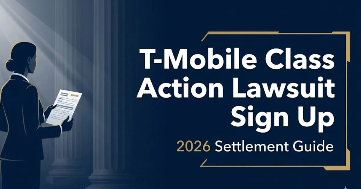 T-Mobile class action lawsuit sign up 2026 settlement guide banner with legal document silhouette and navy gold design