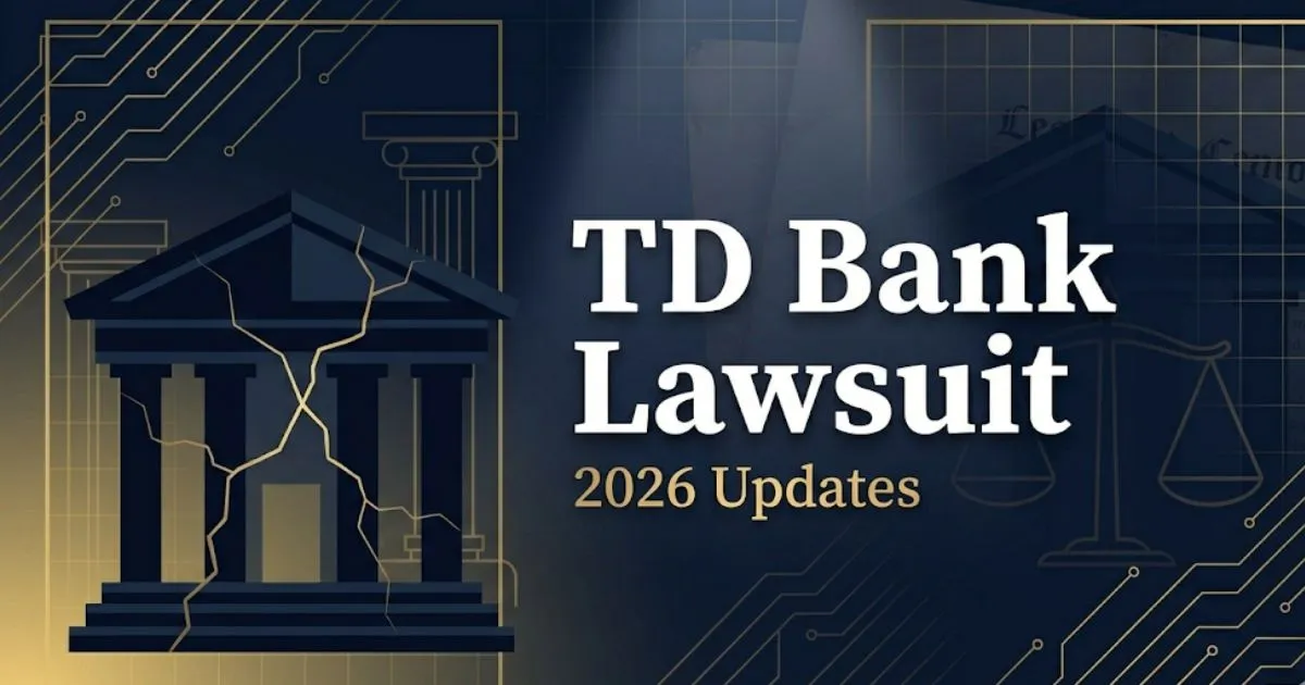 TD Bank Lawsuit 2026 banner with legal symbols and courthouse design in navy and gold