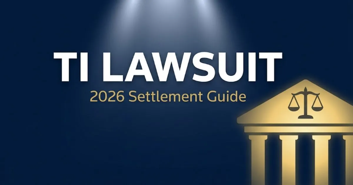 TI lawsuit 2026 settlement guide hero banner with legal courthouse silhouette and bold headline text