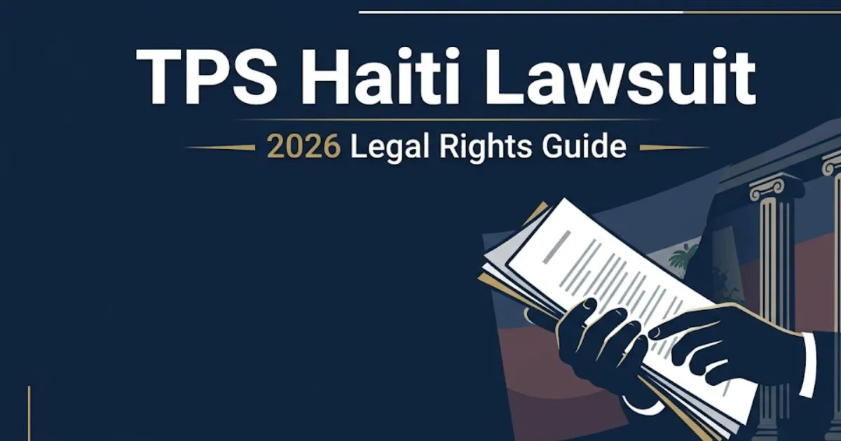 TPS Haiti lawsuit 2026 legal rights guide banner with courthouse silhouette and legal document icons on navy background