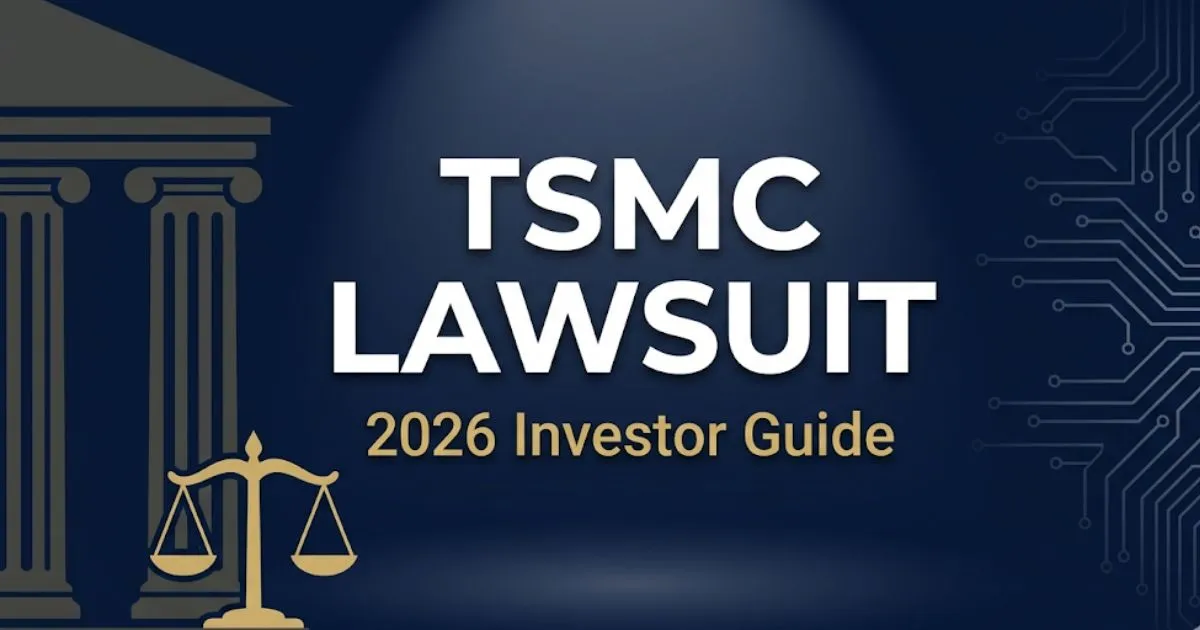 TSMC lawsuit 2026 investor guide banner with courthouse silhouette and circuit board on navy background