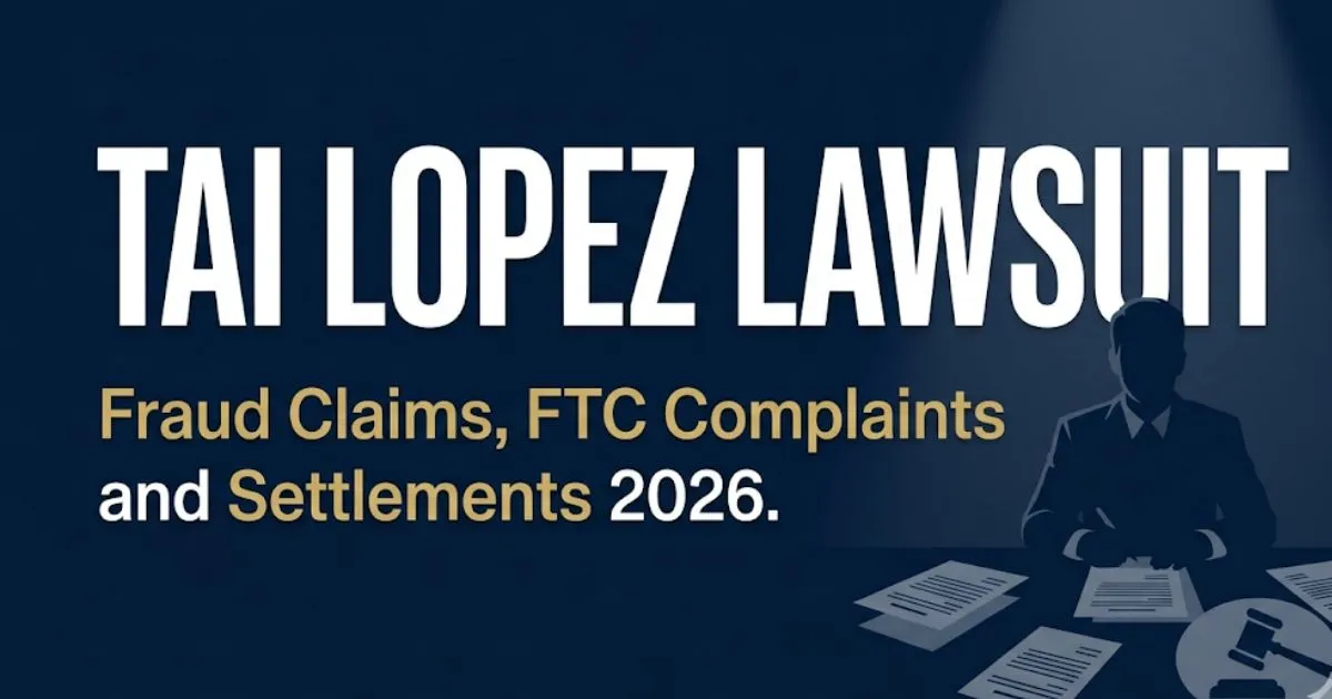 Tai Lopez lawsuit blog banner showing fraud claims, FTC complaint details, and 2026 settlement information in legal editorial style