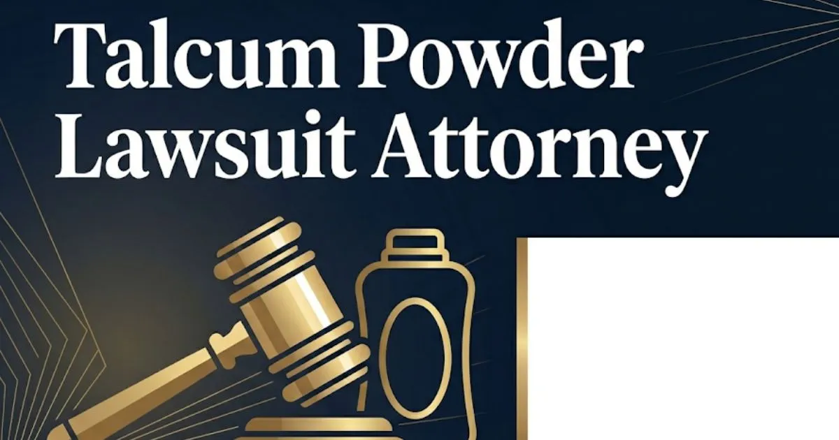 Talcum powder lawsuit attorney 2026 guide with gavel and talc bottle on navy background