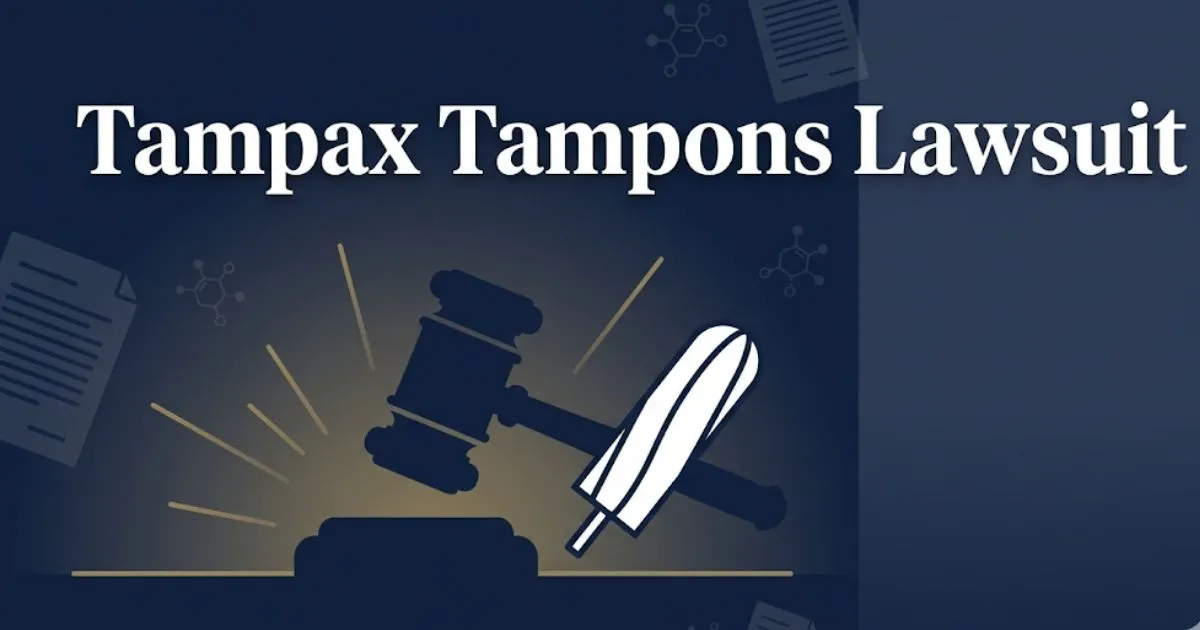 Tampax tampons lawsuit 2026 banner with gavel and legal symbols on navy background MAIN KEYWORD {{tampax tampons lawsuit}} CLUSTER KEYWORDS {{paste cluster keywords, separated by or one per