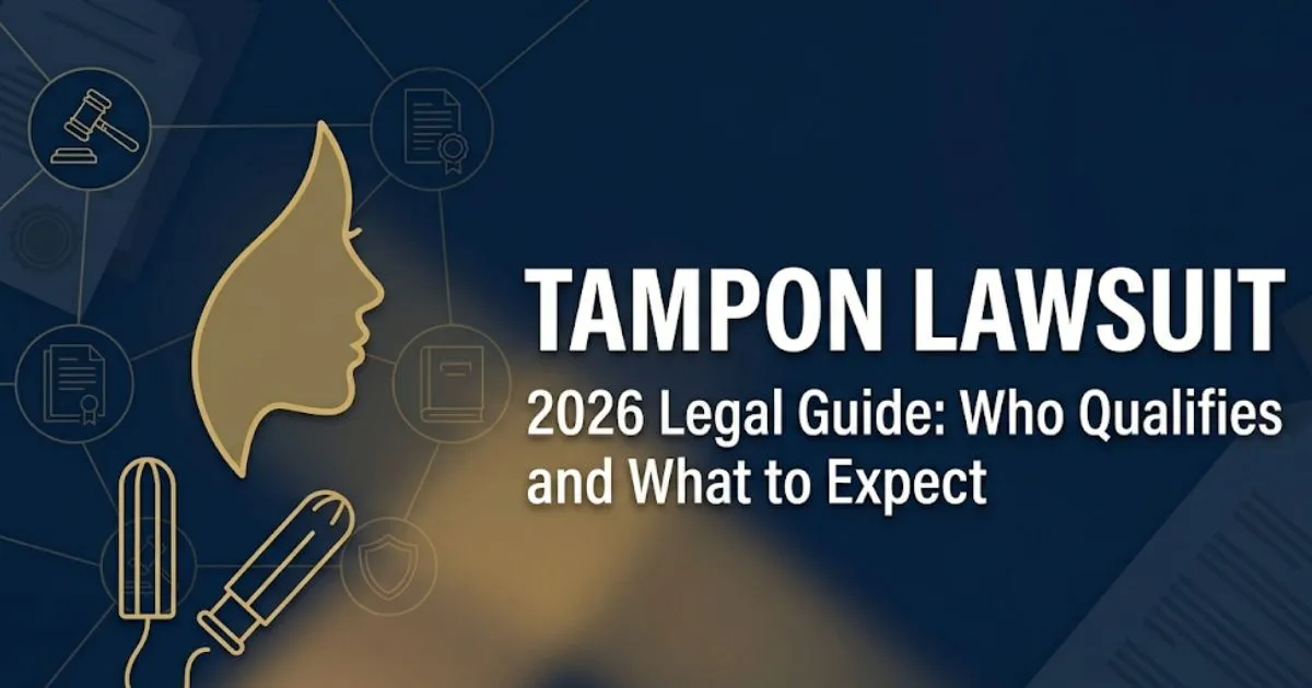 Tampon lawsuit 2026 legal guide banner with scales of justice and courthouse silhouette on navy background