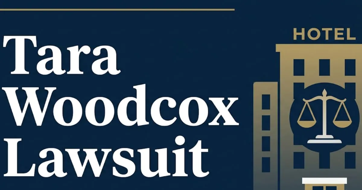 Tara Woodcox lawsuit 2026 hero banner showing hotel silhouette, legal scales, and bold case title text