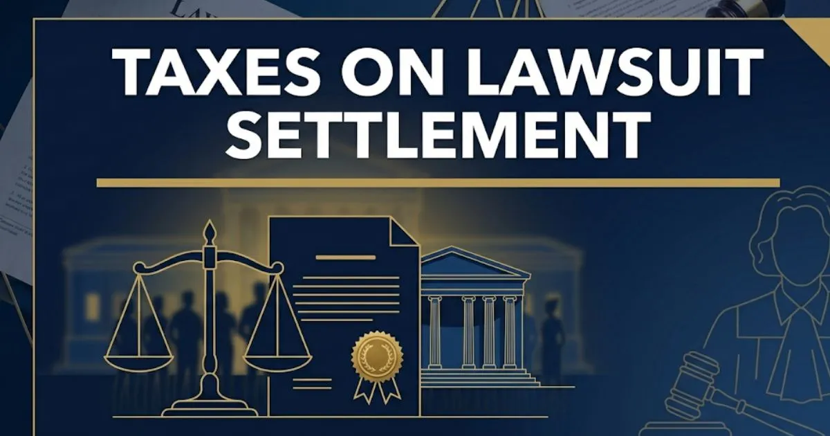 Taxes on lawsuit settlement guide 2026 with IRS rules shown on navy and gold editorial banner