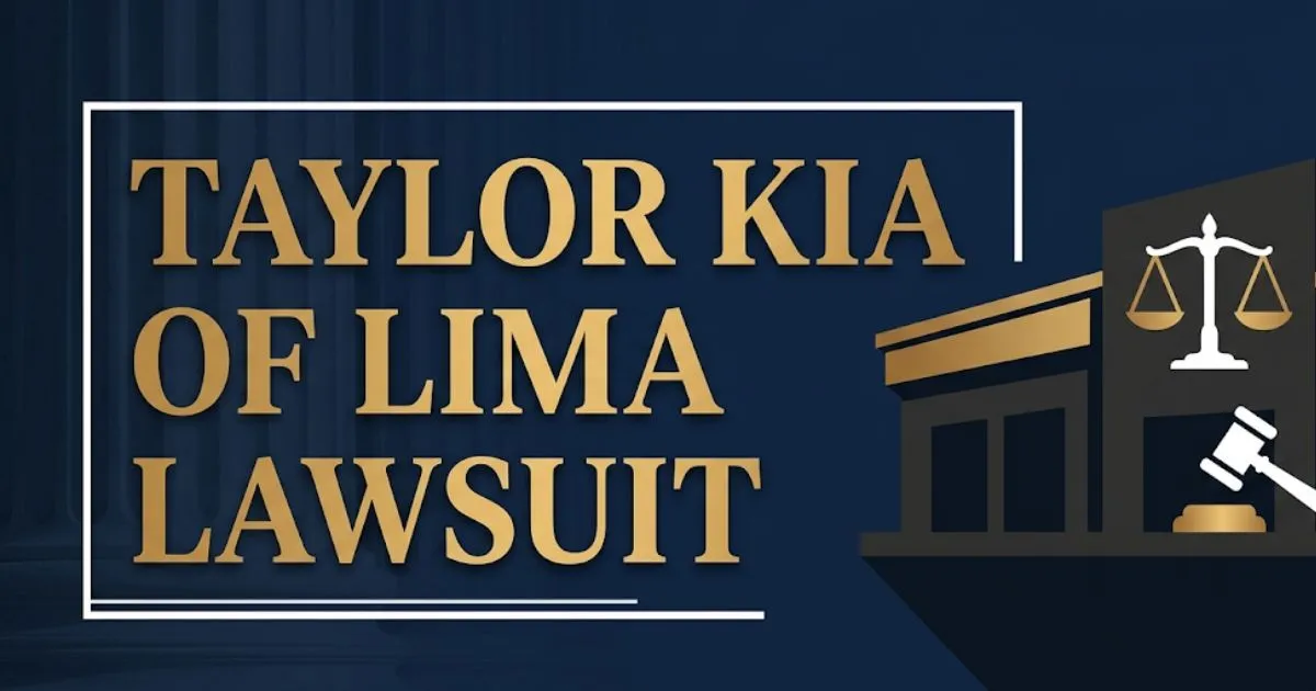 Taylor Kia of Lima lawsuit 2026 banner with legal scales and dealership silhouette on navy background