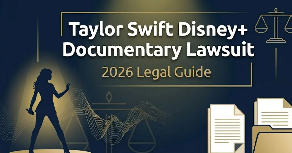 Taylor Swift Disney+ documentary lawsuit 2026 legal guide banner with legal scales and performer silhouette