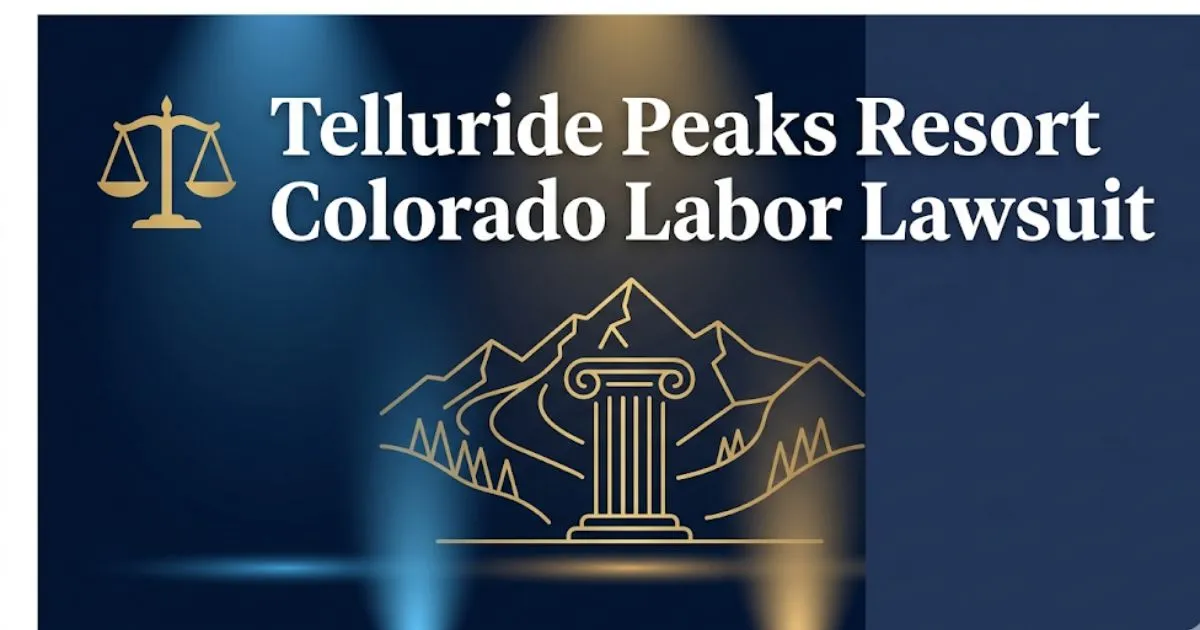 Telluride Peaks Resort Colorado labor lawsuit 2026 banner with mountain resort silhouette and legal scales icon