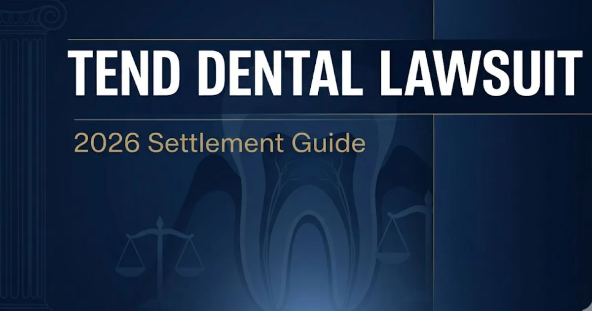 Tend Dental Lawsuit 2026 settlement guide banner with legal scales and dental icons on navy background
