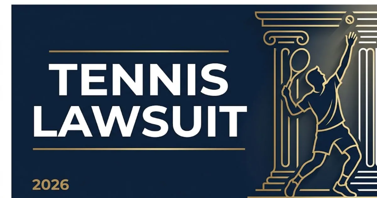 Tennis lawsuit 2026 legal banner with player silhouette and courthouse icons on navy background
