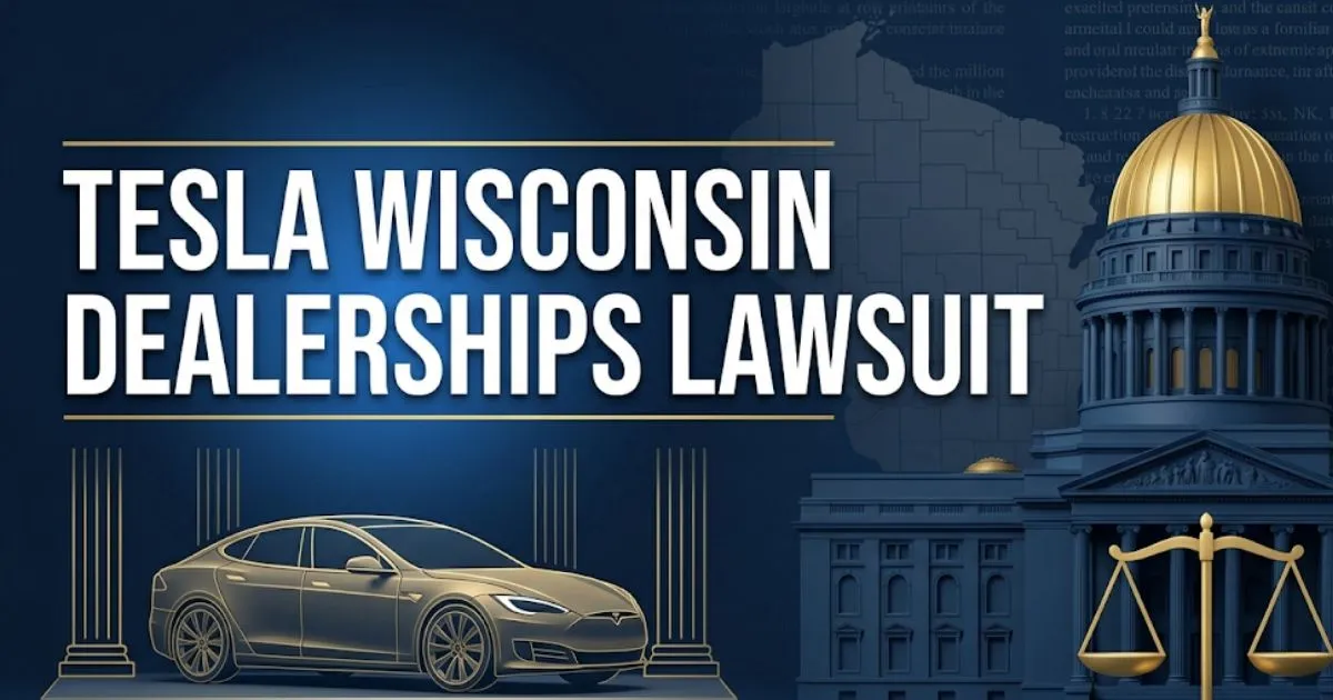 Tesla Wisconsin dealerships lawsuit 2026 banner showing electric vehicle silhouette and courthouse columns on navy background