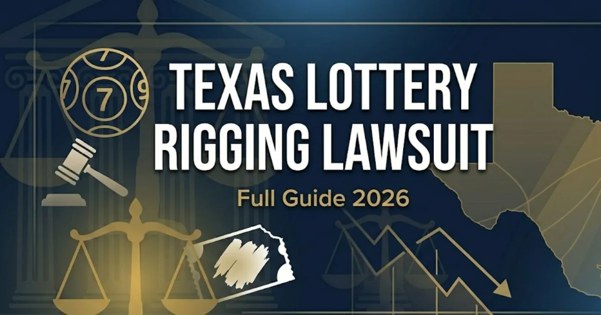 Texas lottery rigging lawsuit 2026 guide banner with legal symbols, scales of justice, and Texas silhouette on navy background