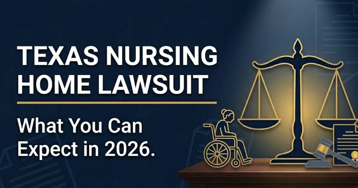 Texas nursing home lawsuit guide 2026 showing legal symbols and silhouette of elderly resident in wheelchair