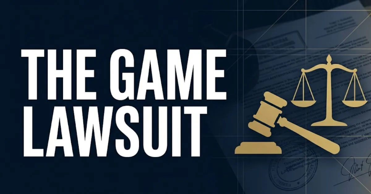 The Game Lawsuit blog banner showing gavel and scales of justice with bold headline text on navy background