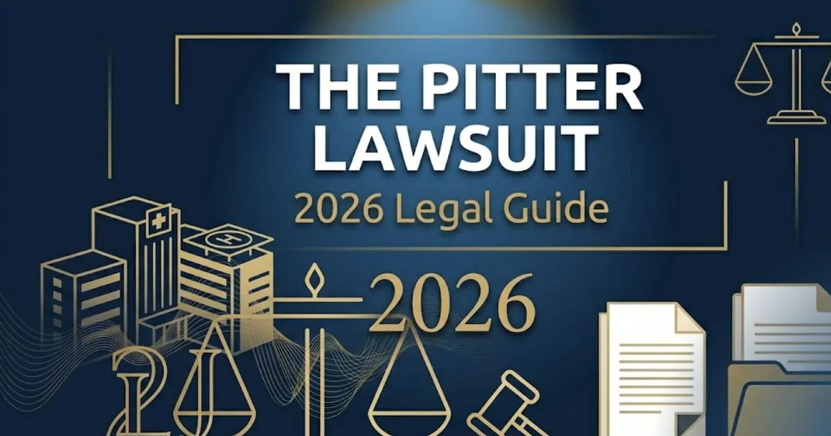 The Pitt ER Lawsuit 2026 legal banner showing scales of justice and hospital silhouette on navy background
