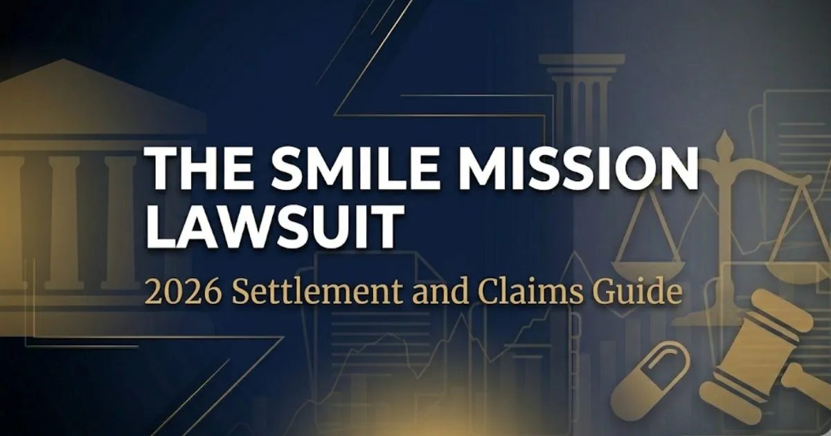 The Smile Mission Lawsuit 2026 settlement and claims guide hero banner with legal scale icon on navy background