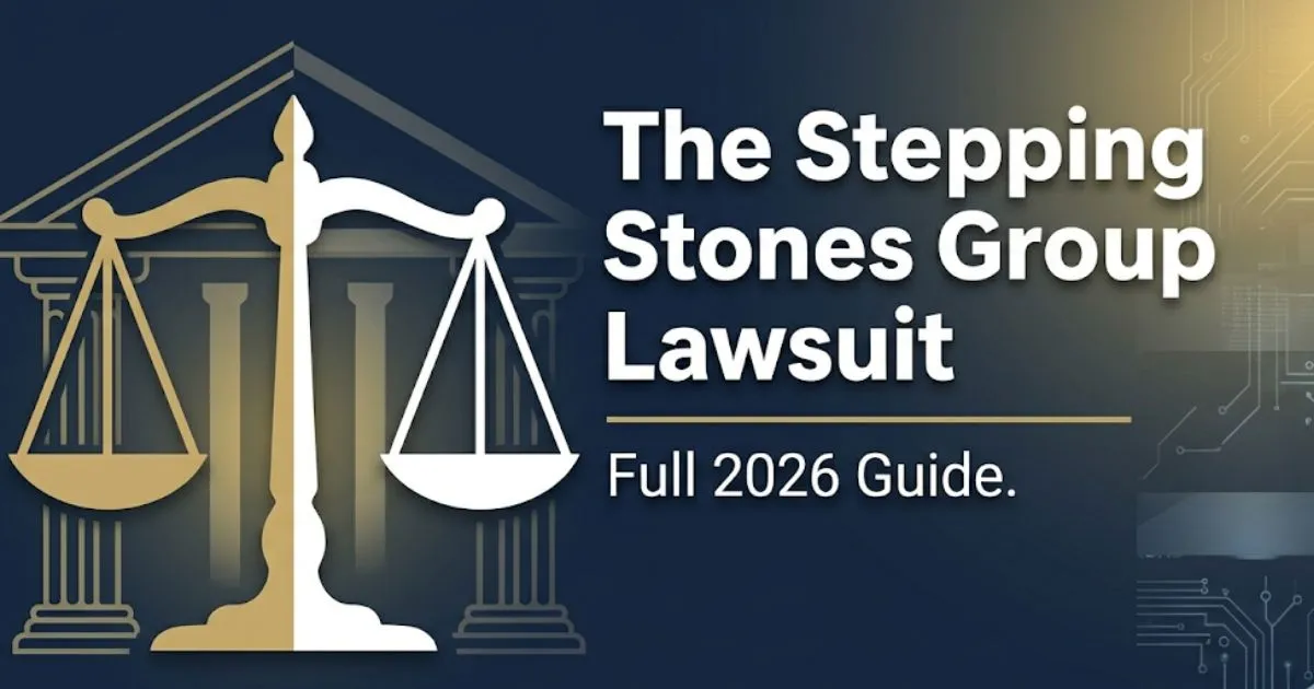 The Stepping Stones Group Lawsuit 2026 guide banner with legal scale icon on navy background