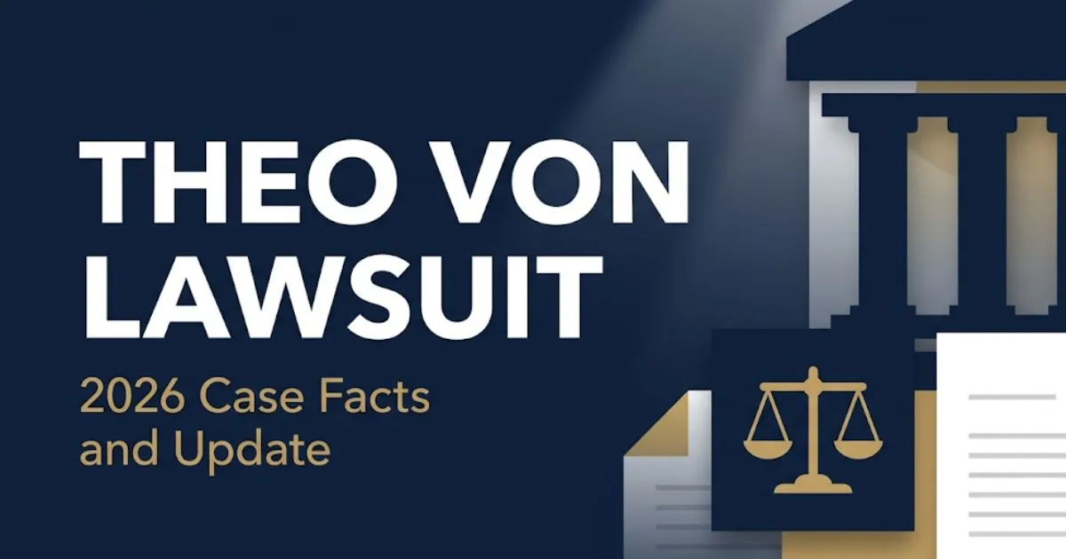 Theo Von lawsuit 2026 legal case blog banner with courthouse icons and scale of justice on navy background