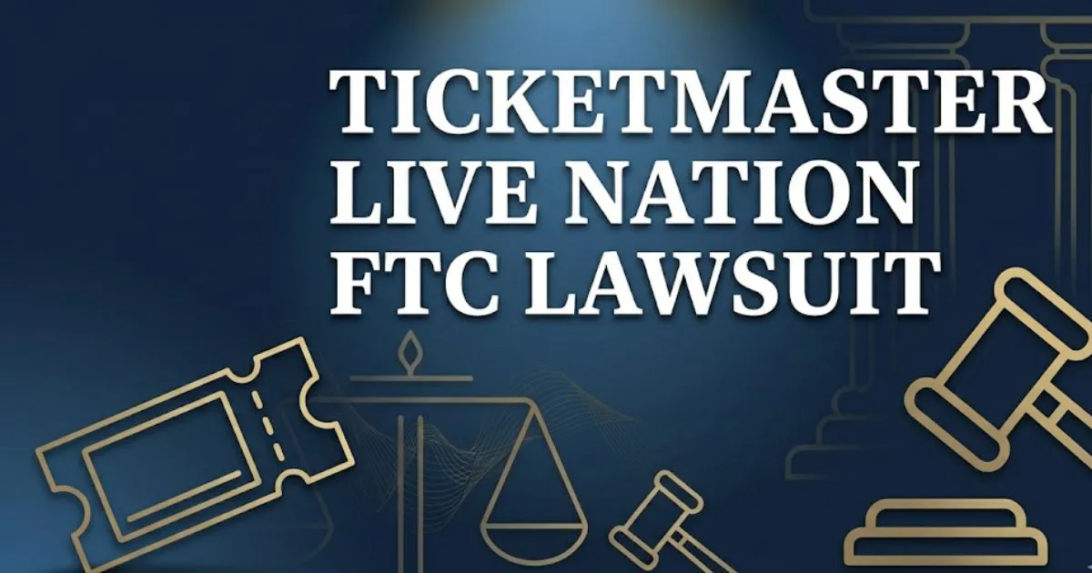 Ticketmaster Live Nation FTC Lawsuit 2026 guide banner with gavel and concert ticket illustration on navy background
