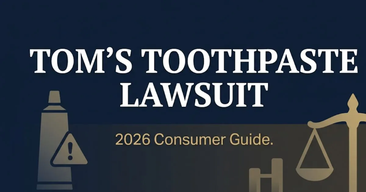Tom's toothpaste lawsuit 2026 guide banner showing legal scales and toothpaste silhouette on navy background