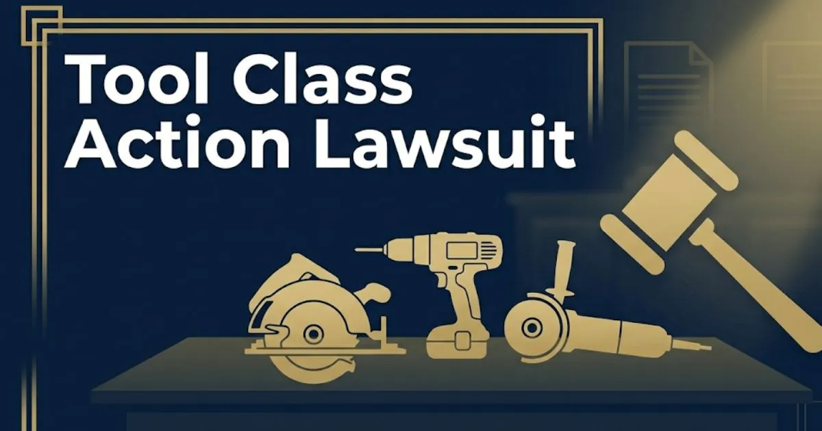 Tool class action lawsuit 2026 guide with power tool silhouettes and legal gavel icon