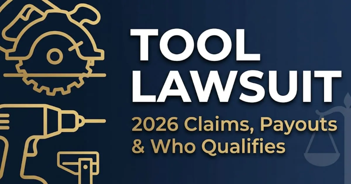Tool lawsuit 2026 editorial banner showing power tool silhouettes and legal scale icons with bold headline text