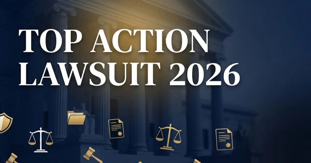 Top action lawsuit 2026 blog banner with legal icons and courthouse background