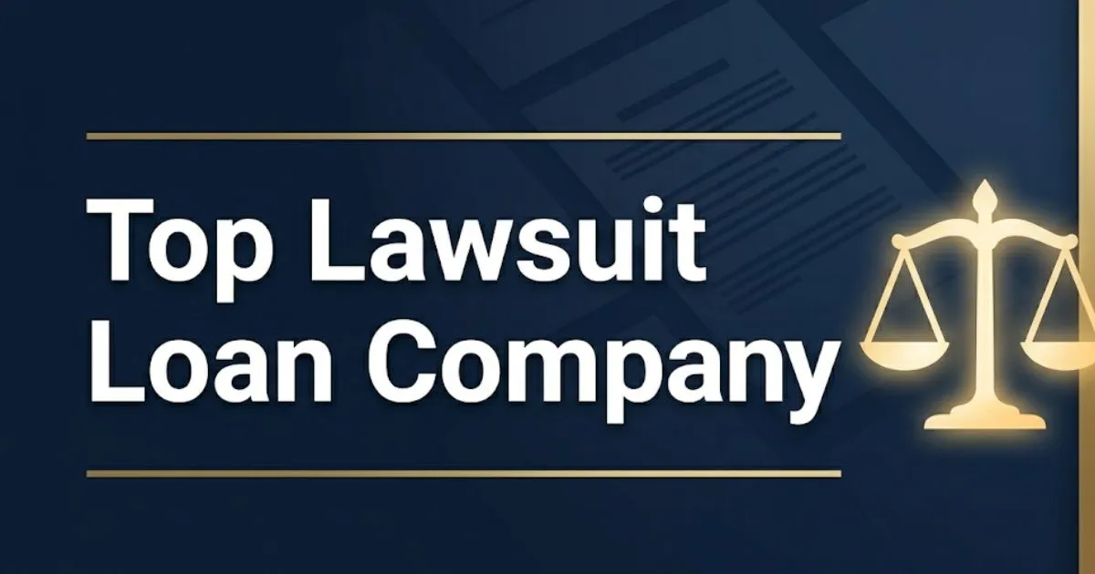 Top lawsuit loan company guide for 2026 showing a legal scale icon and bold headline text on a navy background
