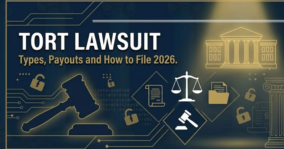 Tort lawsuit guide 2026 hero banner with courthouse silhouette, scales of justice, and bold legal headline text on navy background