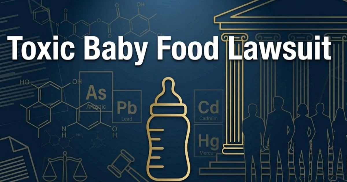 Toxic baby food lawsuit 2026 blog banner with legal symbols and heavy metal icons