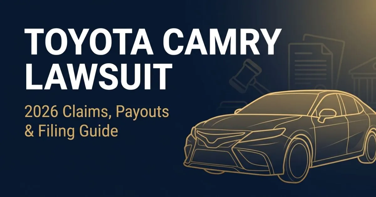 Toyota Camry lawsuit 2026 hero banner showing legal icons and vehicle silhouette in navy and gold MAIN KEYWORD {{toyota camry lawsuit}} CLUSTER KEYWORDS {{paste cluster keywords, separated b