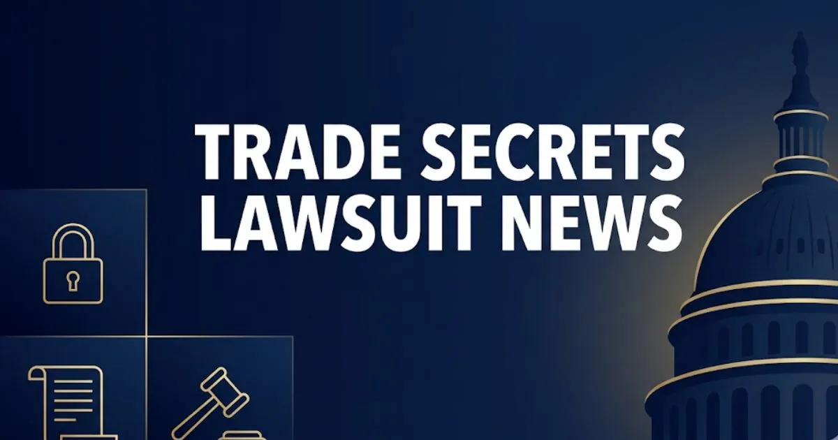 Trade secrets lawsuit news 2026 editorial banner with courthouse silhouette and legal icons on navy background