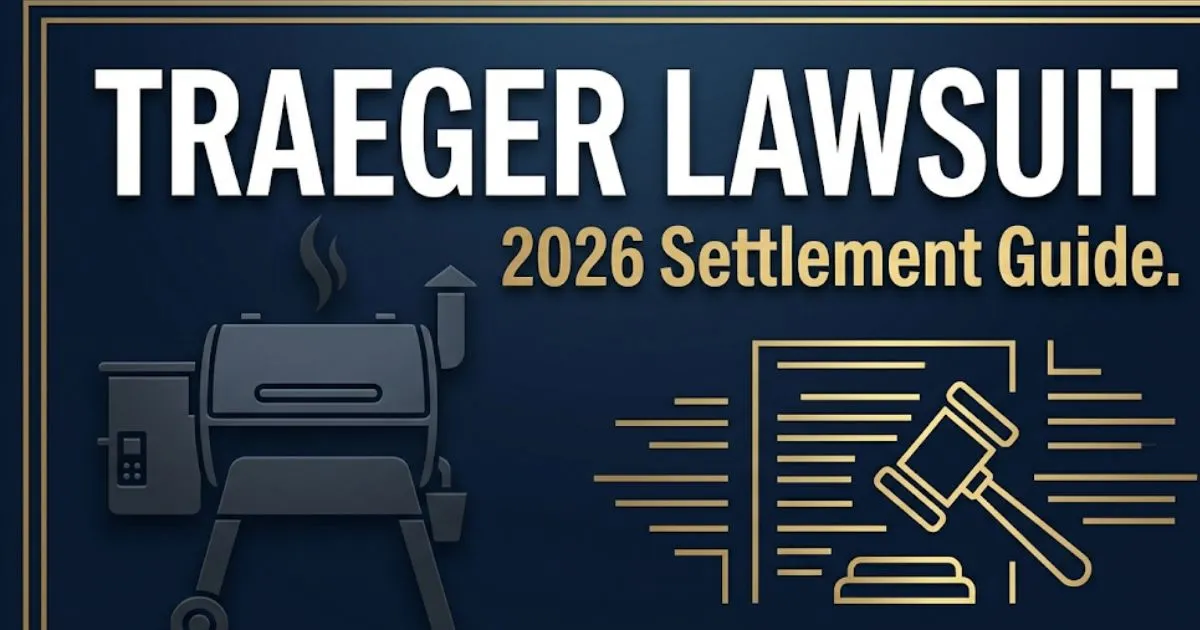 Traeger lawsuit 2026 blog banner with pellet grill silhouette, legal gavel icon, and bold headline text on navy background.