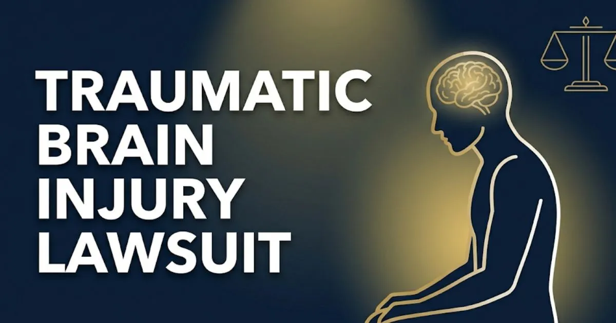 Traumatic brain injury lawsuit legal banner with silhouette figure, brain outline, and scales of justice on navy background