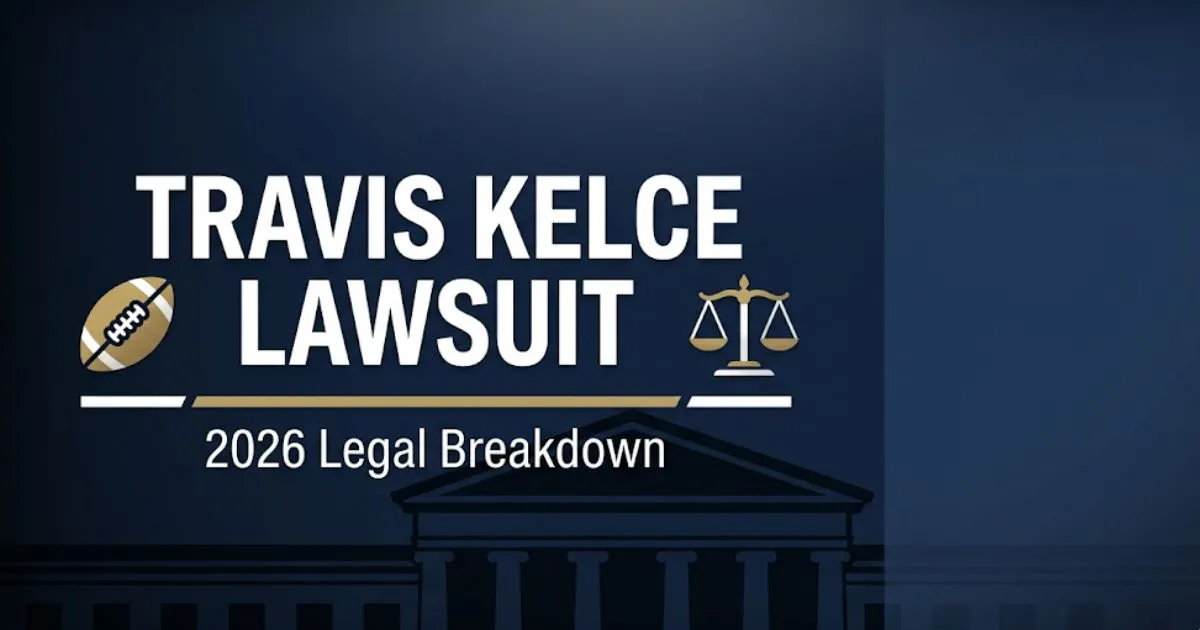 Travis Kelce lawsuit 2026 legal breakdown banner with scales of justice and football icon on navy background